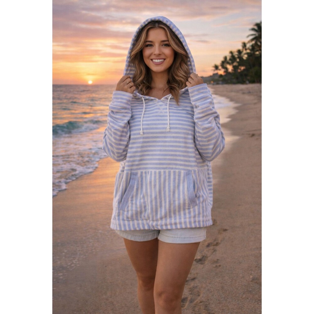 J Crew Nautical Striped Drawstring cotton Hoodie Size M Pockets beach resort